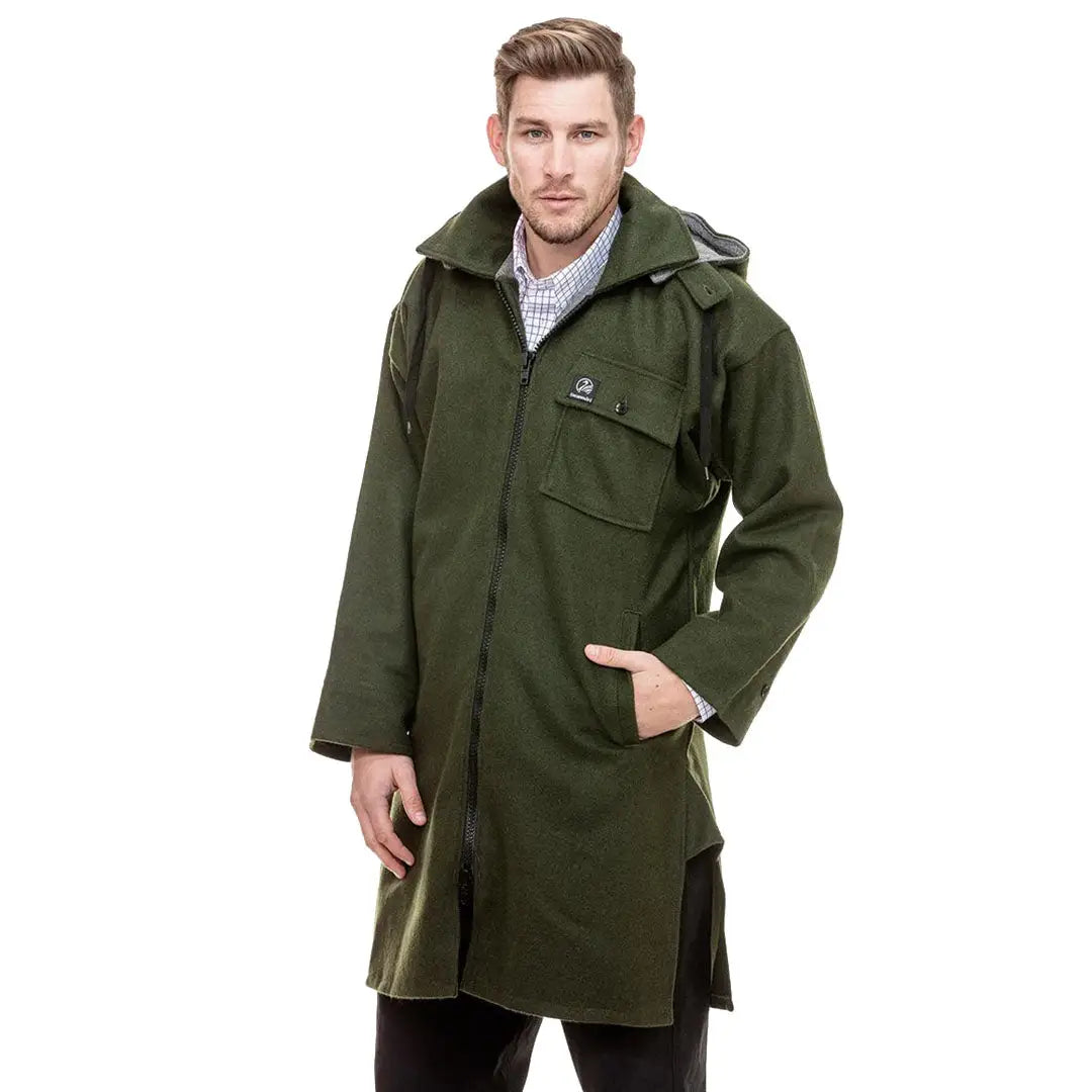 Men’s olive green full-zip hooded parka from Swanndri Mosgiel, durable performance wear