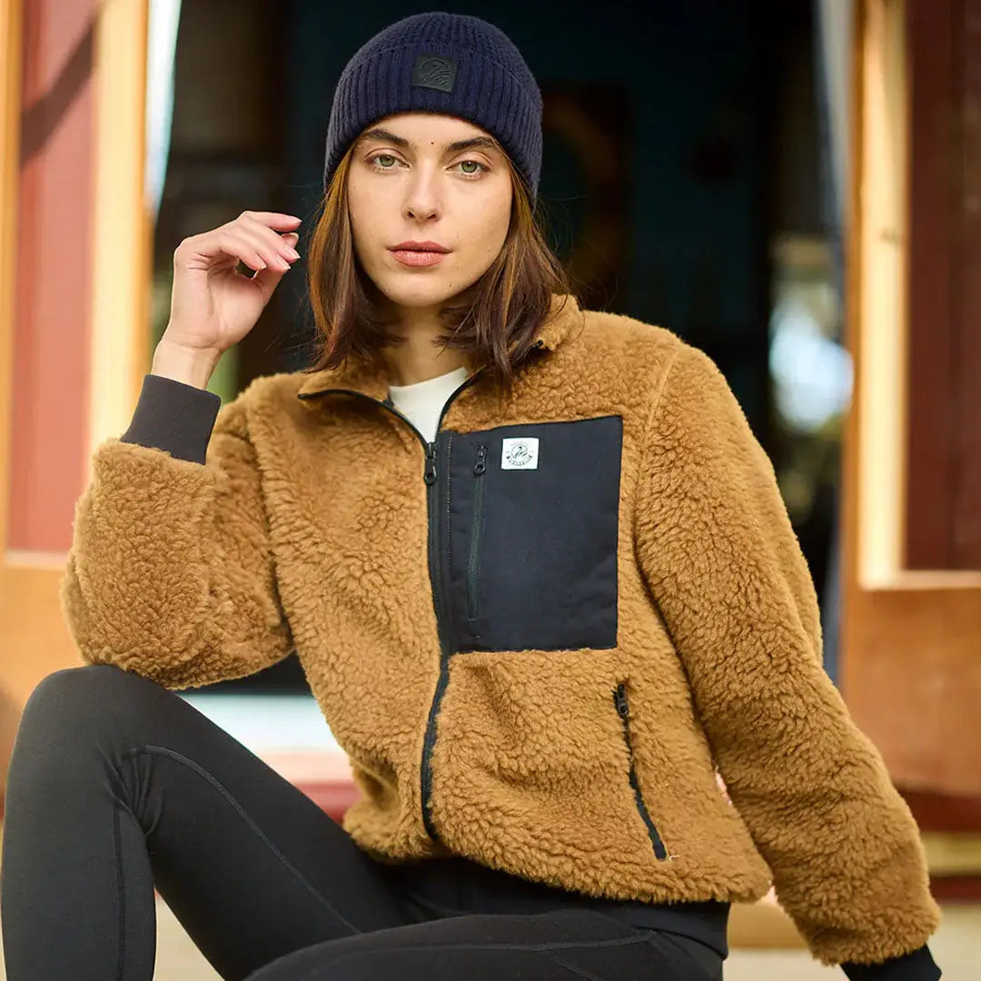 Women’s brown Sherpa fleece jacket with black chest pocket and trim, Swanndri Newgale V2 womens wool fleece jacket