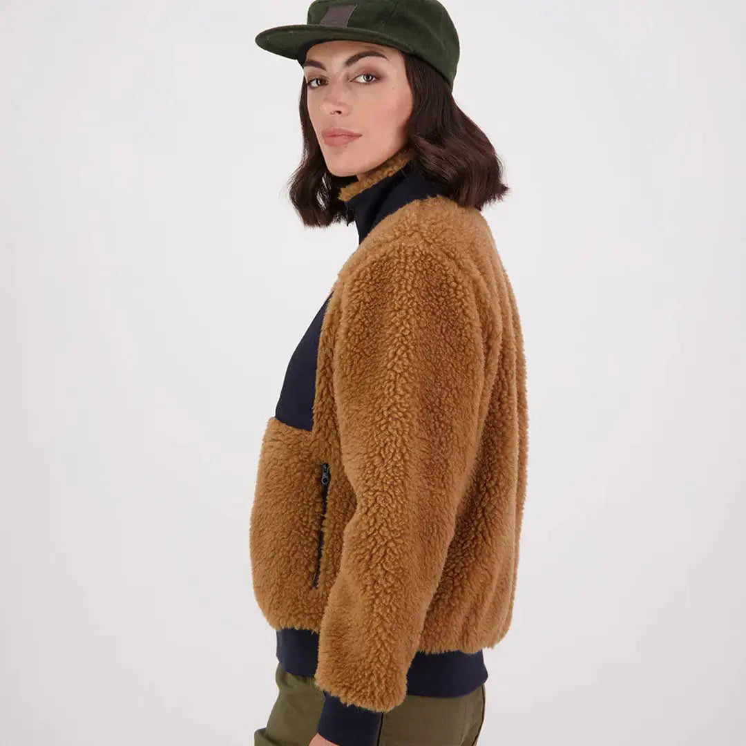 Women’s brown wool fleece jacket with high collar and dark blue accents from Swanndri Newgale V2 Womens collection