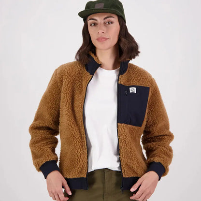 Women’s brown wool fleece jacket with navy collar and chest pocket, Swanndri Newgale V2