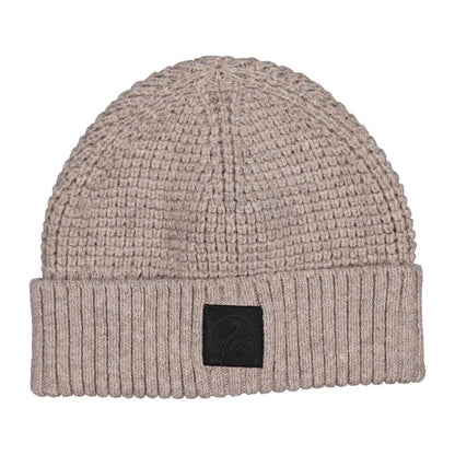 Light brown knitted Swanndri Newton Beanie with black patch, cozy and stylish accessory