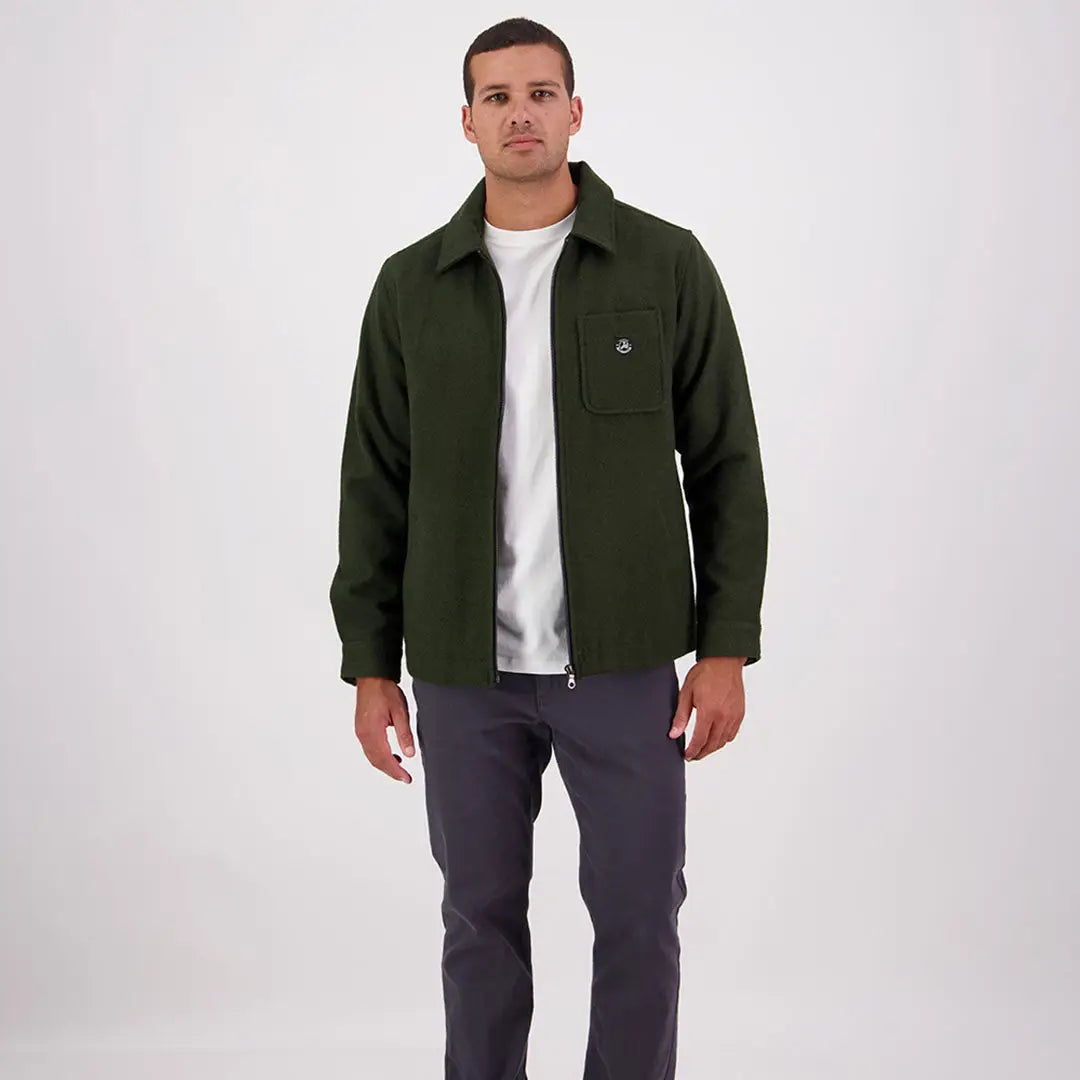 Men’s dark green Swanndri Northgate Shacket with collar zip-up and chest pocket