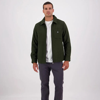 Men’s dark green Swanndri Northgate Shacket with collar zip-up and chest pocket