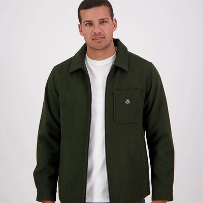 Men’s dark green Swanndri Northgate Shacket with collar, zip-up style, chest pocket