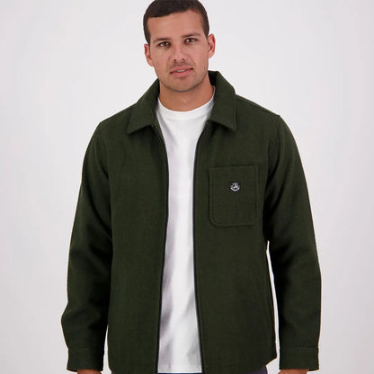 Men’s dark green Swanndri Northgate Shacket with collar, zip-up style, chest pocket