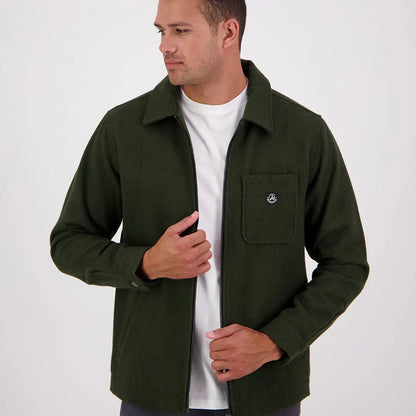 Men’s dark green Swanndri Northgate Shacket with collar, front zipper, and chest pocket