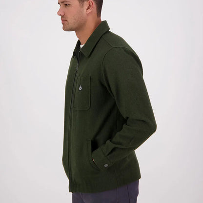 Men’s dark green Swanndri Northgate Shacket with zip-up collar and chest pocket