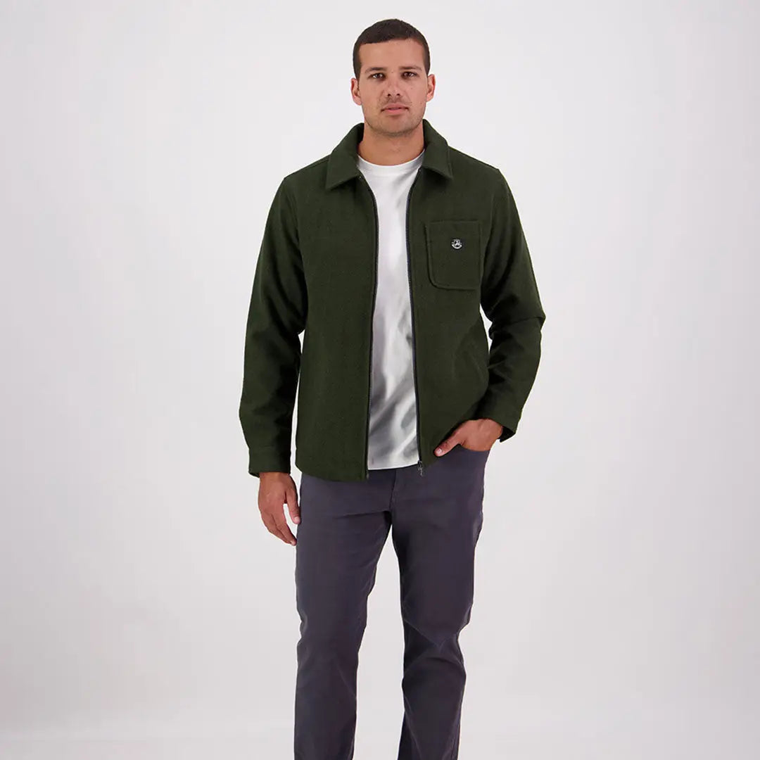Men’s olive green Swanndri Northgate Shacket with zip-up front and chest pocket