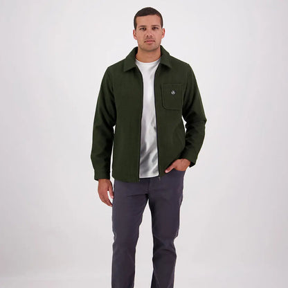 Men’s olive green Swanndri Northgate Shacket with zip-up front and chest pocket