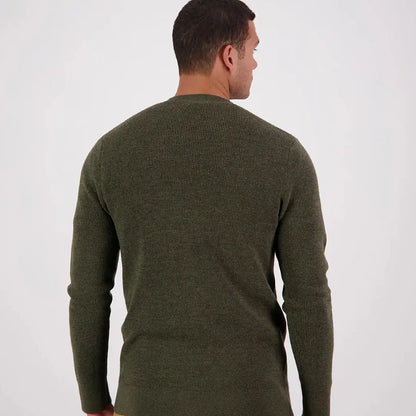 Men’s olive green Otahu River Crew long-sleeved ribbed sweater displayed on Swanndri Otahu River