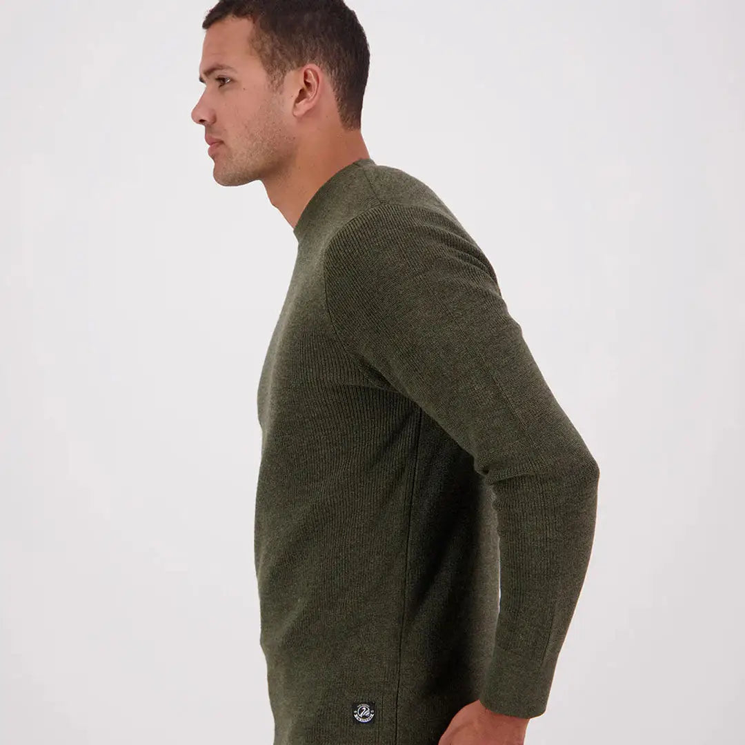 Men’s olive green Otahu River Crew long-sleeved ribbed sweater displayed in Swanndri Otahu River Crew collection