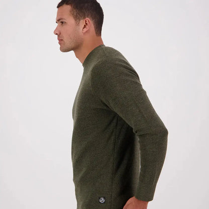 Men’s olive green Otahu River Crew long-sleeved ribbed sweater displayed in Swanndri Otahu River Crew collection
