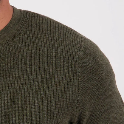 Close-up of dark olive green Otahu River Crew ribbed knit sweater for men
