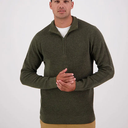 Men’s olive green textured Otahu River quarter zip sweater from Swanndri Otahu River collection
