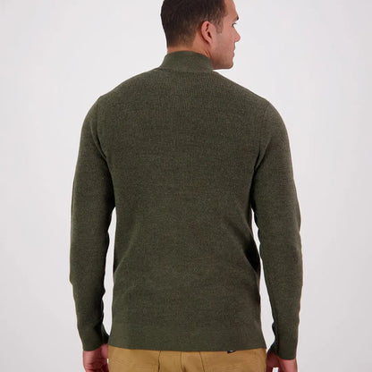 Men’s olive green ribbed knit quarter zip sweater from Swanndri Otahu River collection