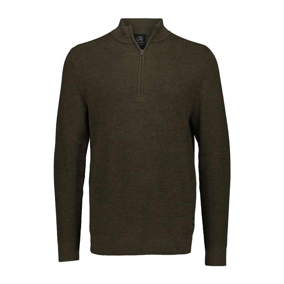 Men’s olive green Swanndri Otahu River quarter zip sweater with ribbed texture