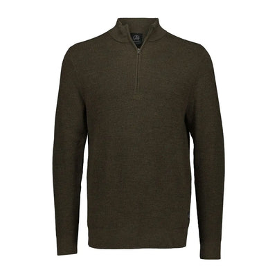 Men’s olive green Swanndri Otahu River quarter zip sweater with ribbed texture