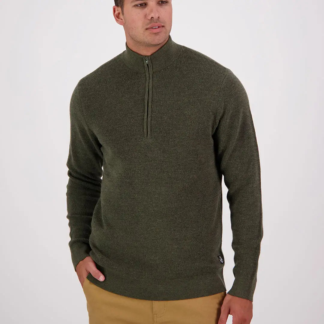 Men’s olive green Swanndri Otahu River quarter zip sweater for casual style