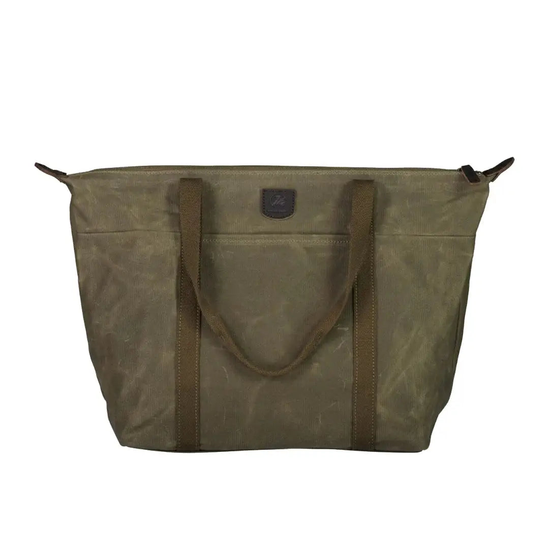 Olive green Swanndri Queenstown Tote Bag with brown leather accents and zipper closure
