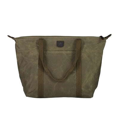 Olive green Swanndri Queenstown Tote Bag with brown leather accents and zipper closure