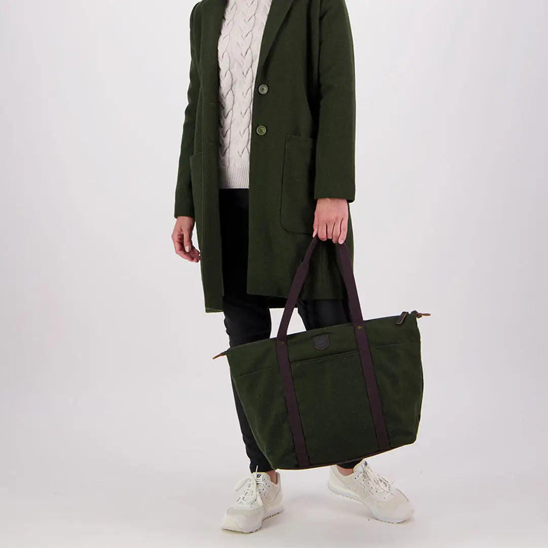 Dark green Swanndri Queenstown Wool Tote Bag with brown straps for everyday style
