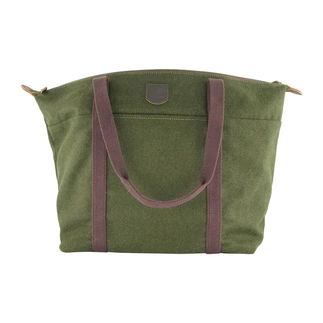 Olive green Swanndri Queenstown Wool Tote Bag with brown straps and zip top