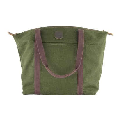 Olive green Swanndri Queenstown Wool Tote Bag with brown straps and zip top