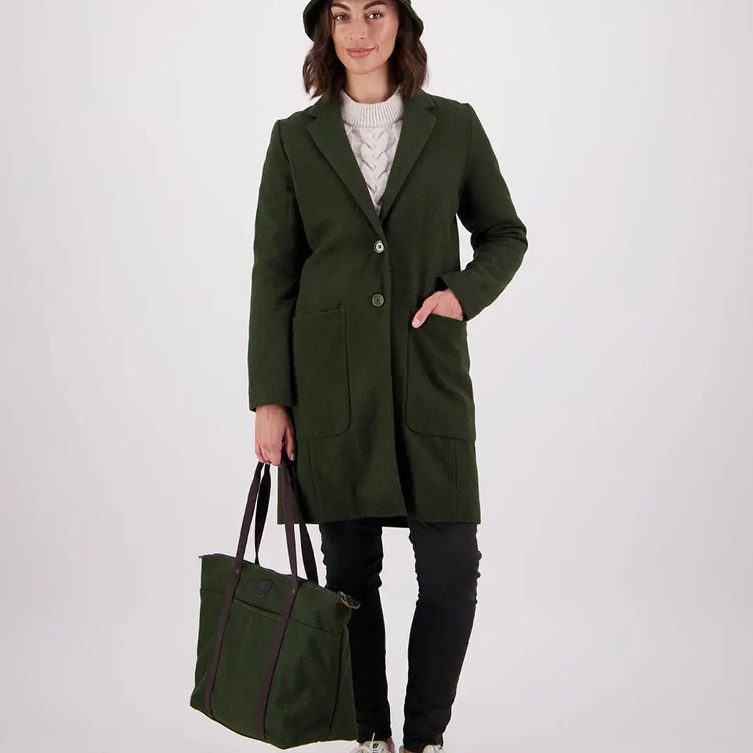 Dark green Swanndri Queenstown Wool tote bag with a wool coat design and big front pockets