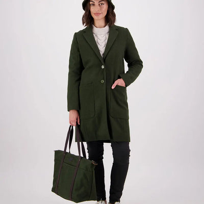 Dark green Swanndri Queenstown Wool tote bag with a wool coat design and big front pockets