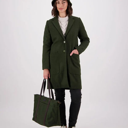 Dark green Swanndri Queenstown Wool tote bag with a wool coat design and big front pockets