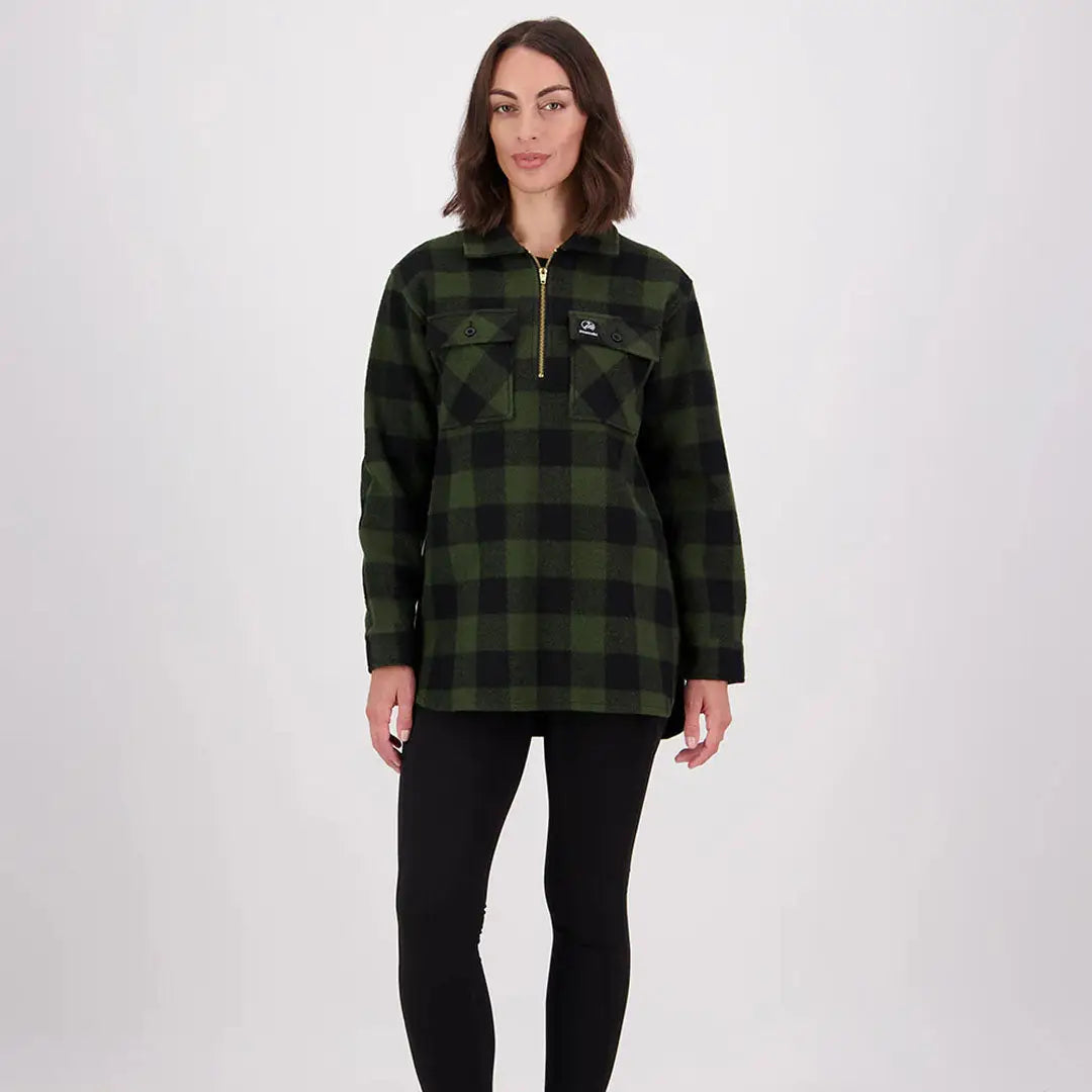 Woman wearing Swanndri Ranger Womens Bush Shirt in green and black plaid fleece top