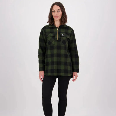 Woman wearing Swanndri Ranger Womens Bush Shirt in green and black plaid fleece top