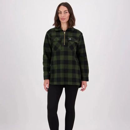 Woman wearing Swanndri Ranger Womens Bush Shirt in green and black plaid fleece top