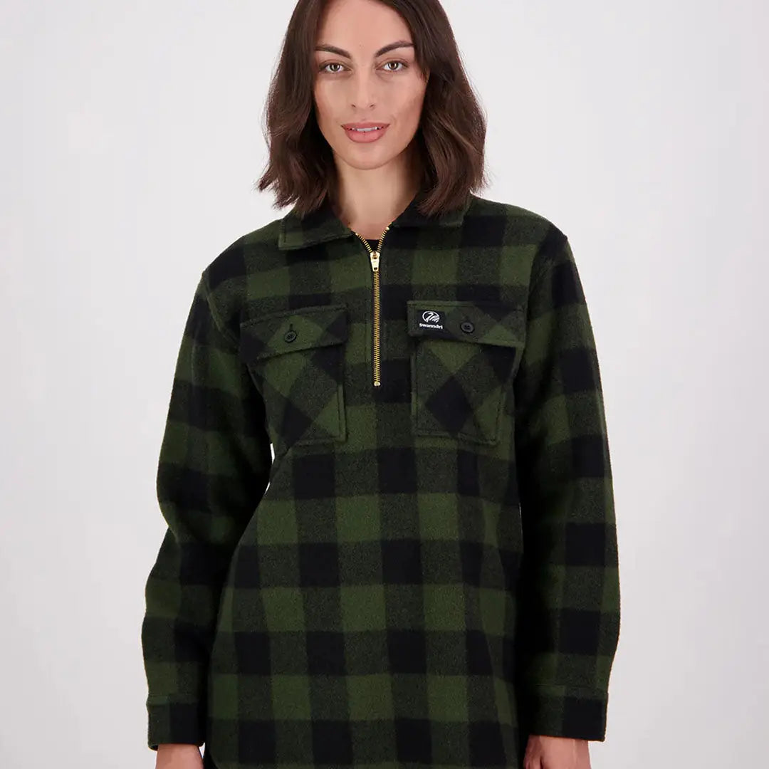 Women’s dark green and black plaid fleece quarter-zip pullover from Swanndri Ranger Womens Bush Shirt