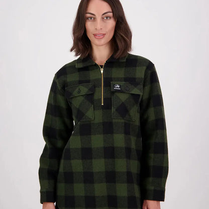 Women’s dark green and black plaid fleece quarter-zip pullover from Swanndri Ranger Womens Bush Shirt