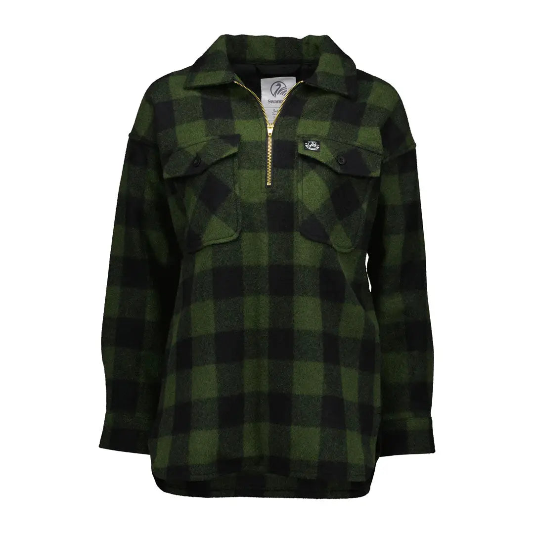 Green and black buffalo check Swanndri Ranger Womens Bush Shirt half-zip fleece