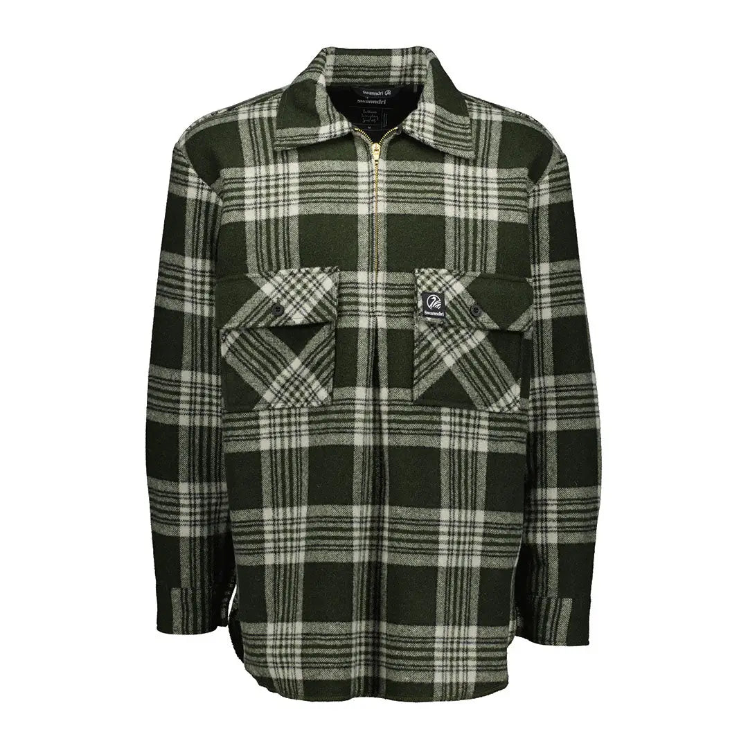 Green and white plaid Swanndri Ranger Wool Zip Front Bushshirt with chest pockets