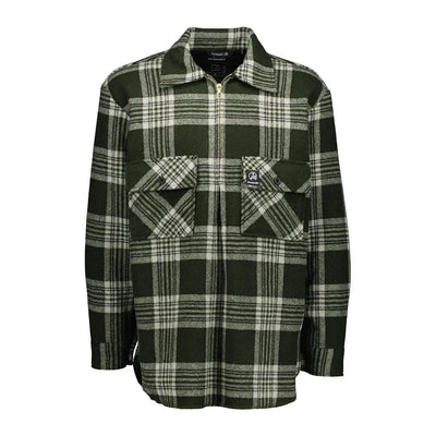 Green and white plaid Swanndri Ranger Wool Zip Front Bushshirt with chest pockets