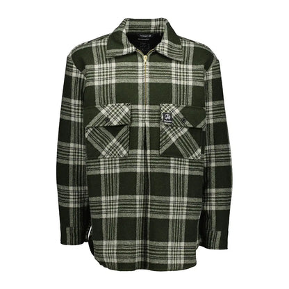 Green and white plaid Swanndri Ranger Wool Zip Front Bushshirt with chest pockets