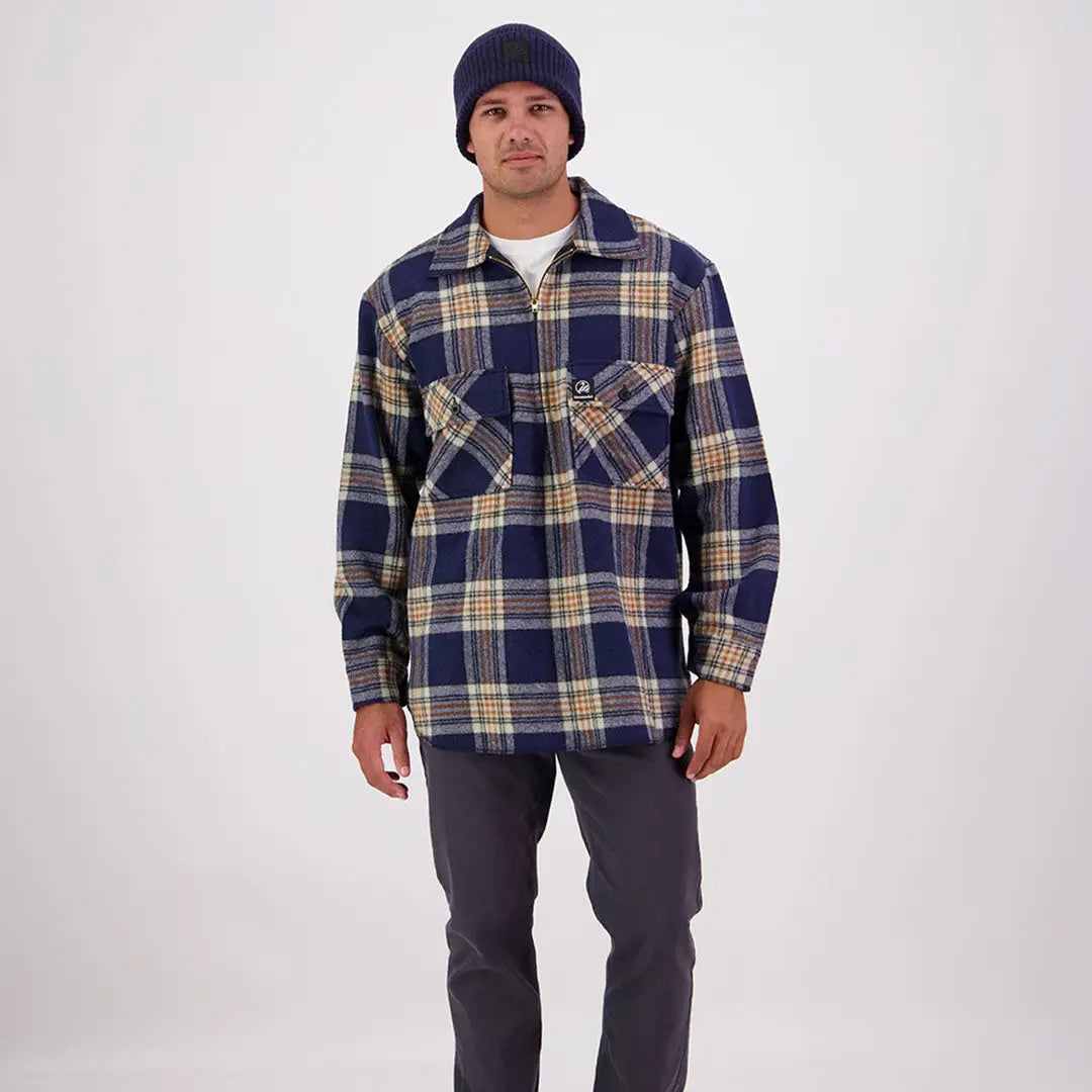 Men’s navy blue beige and yellow plaid iconic ranger bush shirt, Swanndri Ranger Wool Zip Front Bushshirt