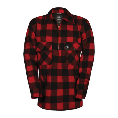 Red and black buffalo plaid Swanndri Ranger Wool zip front bushshirt with chest pockets