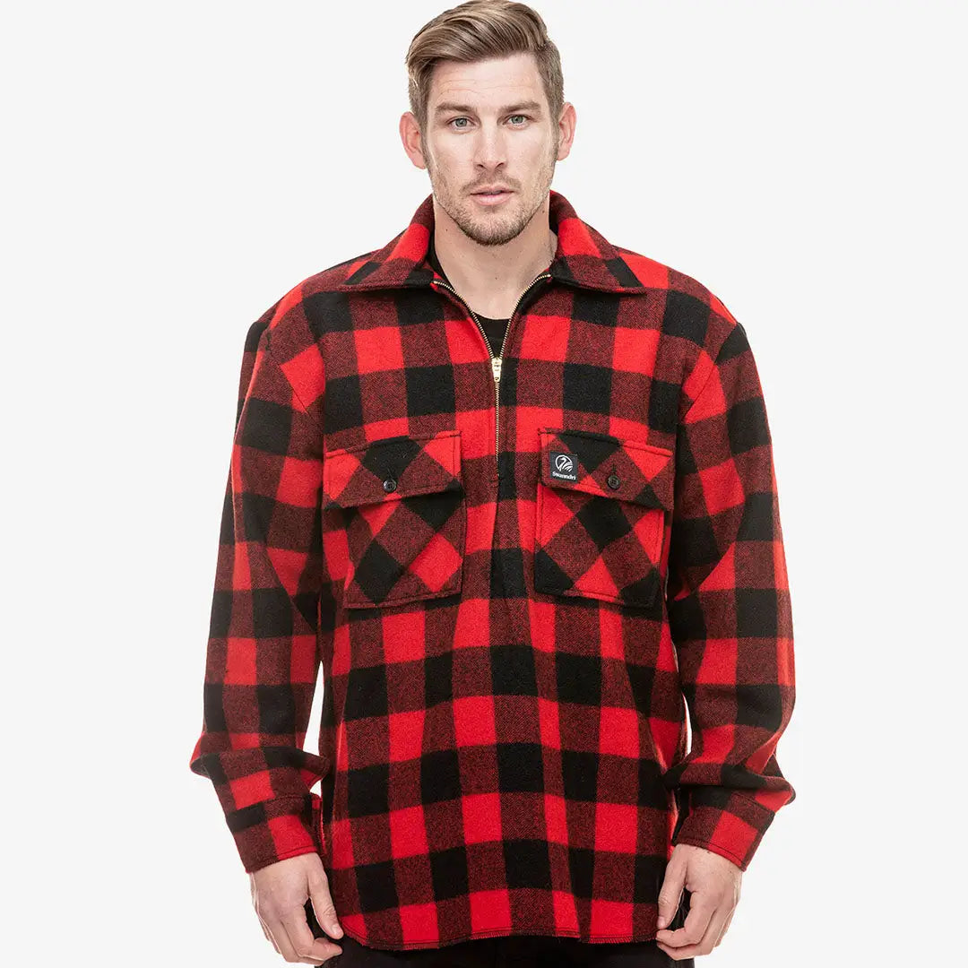 Red and black buffalo plaid Swanndri Ranger Wool Zip Front Bushshirt for outdoor style