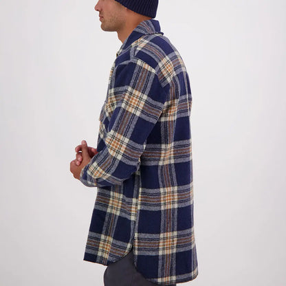Men’s navy, white, and tan plaid flannel Swanndri Ranger Bush Shirt, iconic ranger bush style