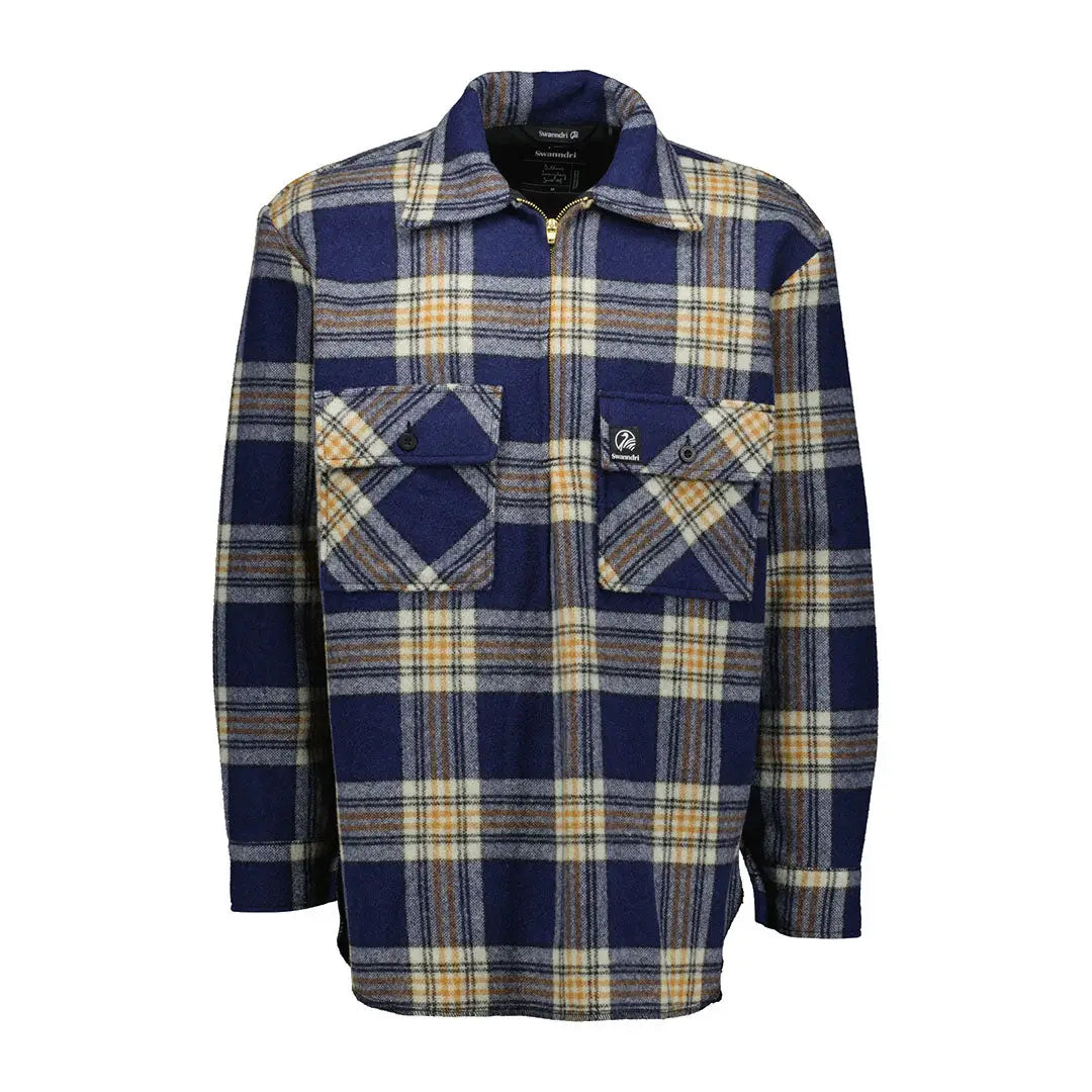 Men’s blue, tan, and white plaid Swanndri Ranger Wool Zip Front Bushshirt, iconic ranger bush style