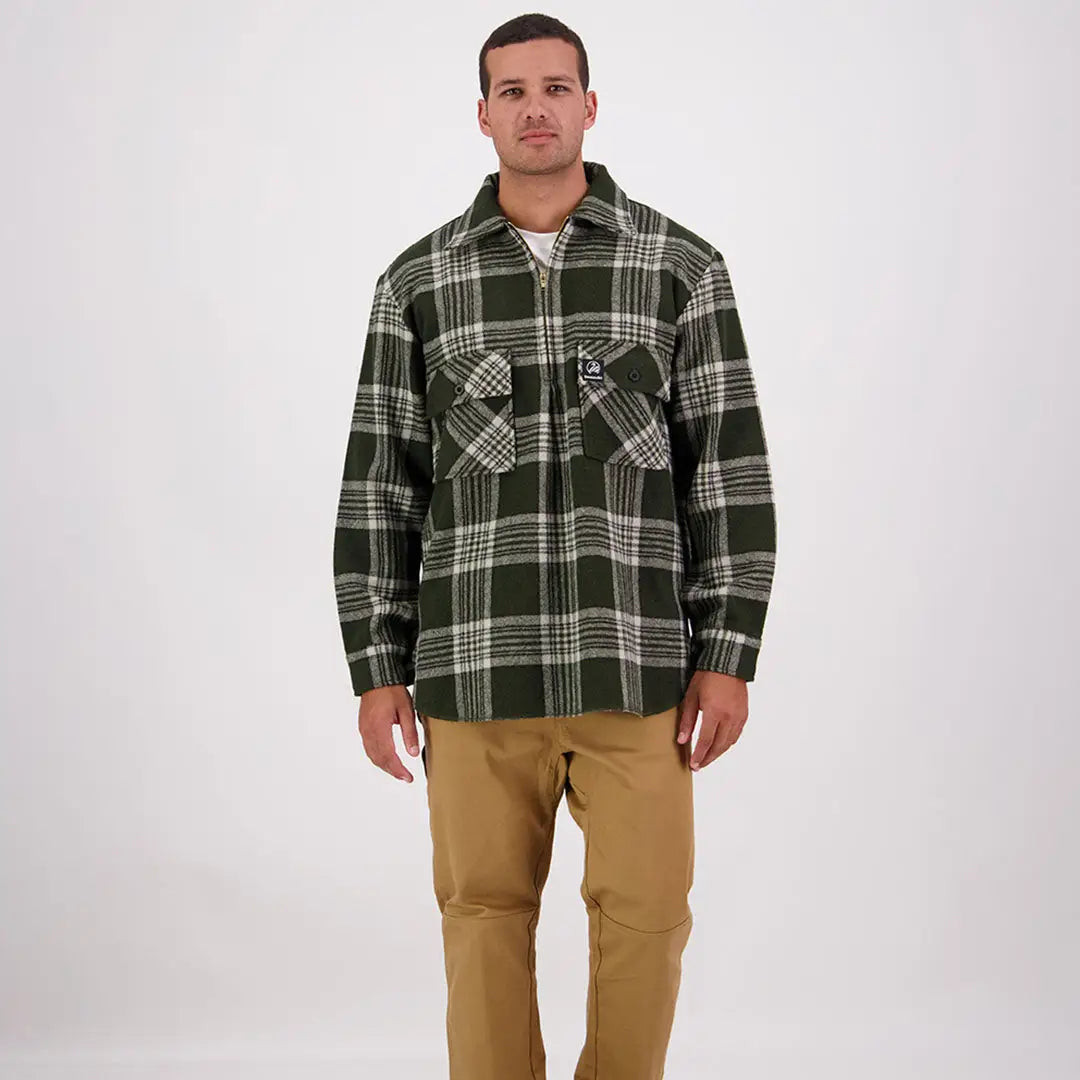 Men’s olive green and white plaid flannel shirt from Swanndri Ranger Wool collection