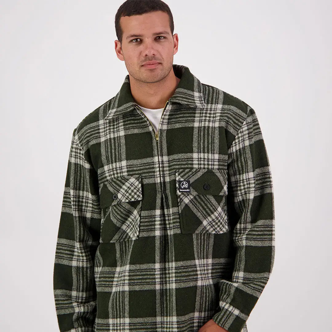 Men’s forest green and white plaid Swanndri Ranger Wool Zip Front Bushshirt with chest pockets