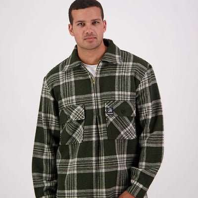 Men’s forest green and white plaid Swanndri Ranger Wool Zip Front Bushshirt with chest pockets