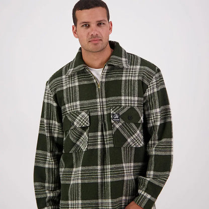 Men’s forest green and white plaid Swanndri Ranger Wool Zip Front Bushshirt with chest pockets