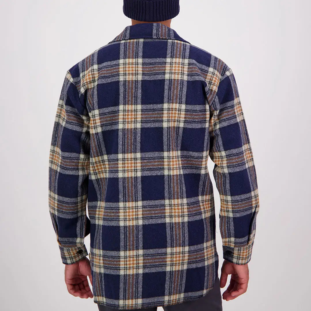 Men’s navy blue, tan, and white plaid flannel Swanndri Ranger Bush Shirt, iconic ranger bush style