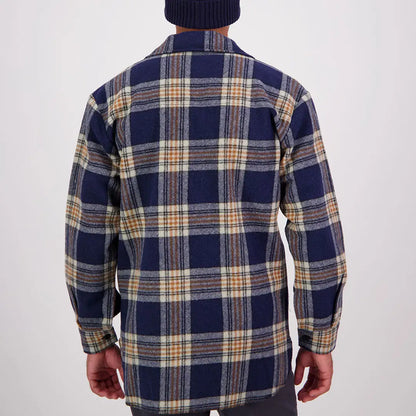 Men’s navy blue, tan, and white plaid flannel Swanndri Ranger Bush Shirt, iconic ranger bush style